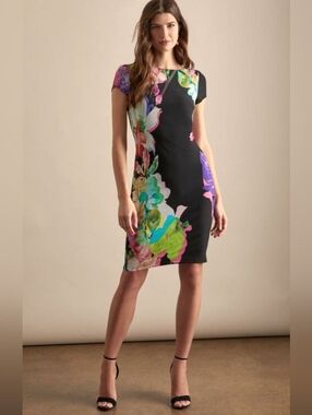 Joseph Ribkoff Black Midi Dress Bold Tropical Summer Feminine Floral White Pink